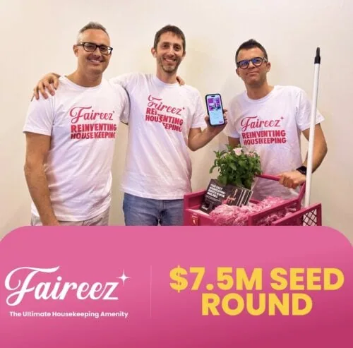 Three men in white T-shirts celebrating $7.5M seed round for Faireez.
